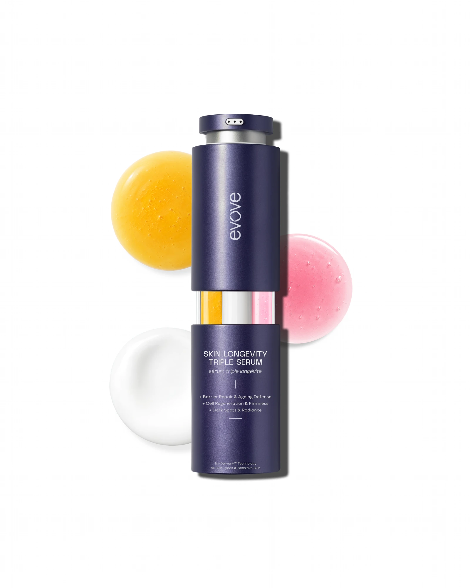 evove open bottle showing three serums